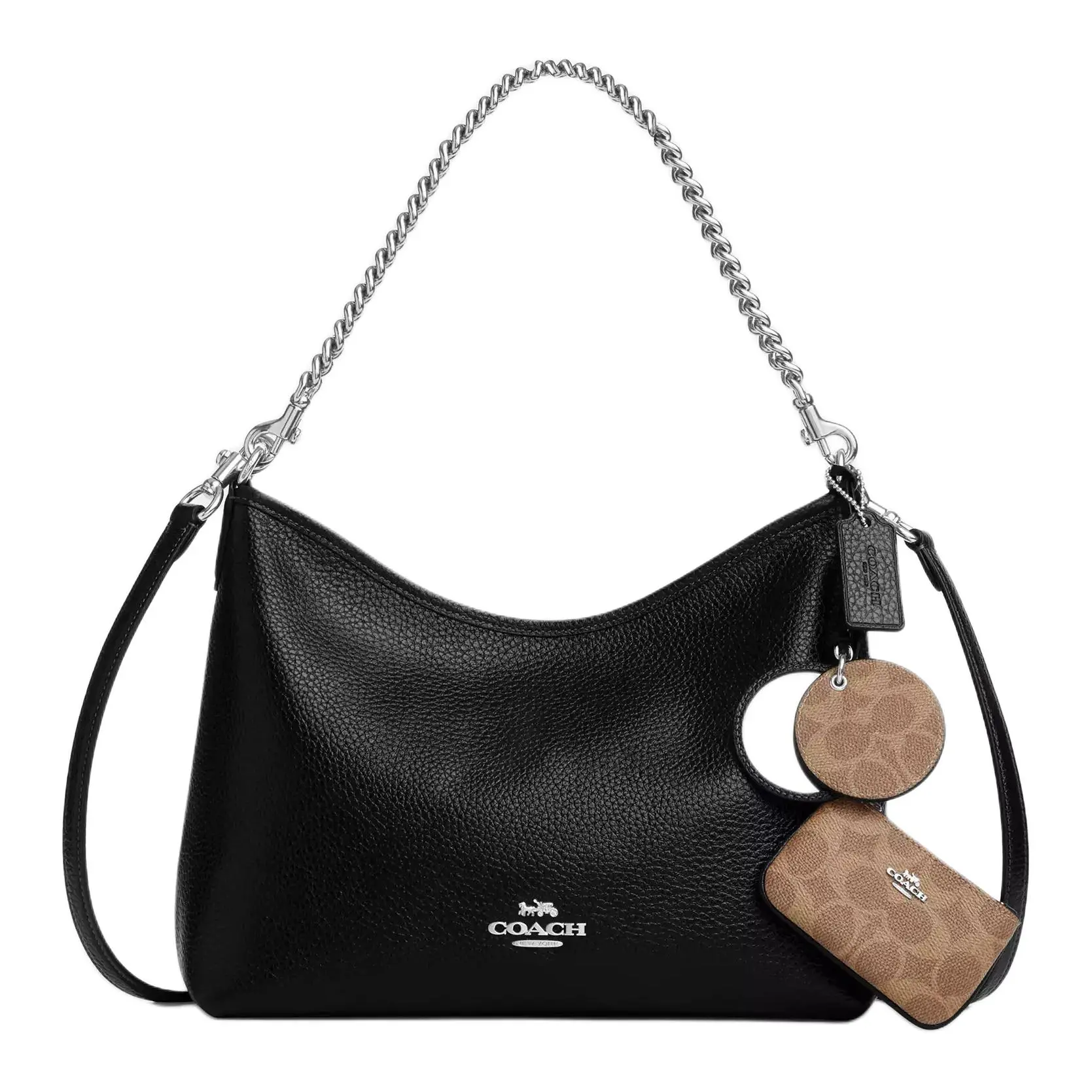 COACH Laurel 31 Mirror Pendant Detachable Handle Pebbled Leather Shoulder Bag, Large, Women, Black