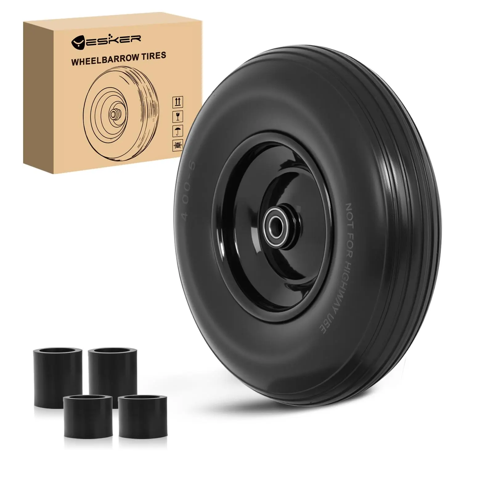 Yesker 4.00-6 Flat Free Replacement Tire and Wheel, 13" Solid PU Tire with 5/8" Axle Bore Bearing, Dynamic Load High Load Performance Solid Construction for Wheelbarrow, Garden Cart, 1 Pack Father's Day Gift