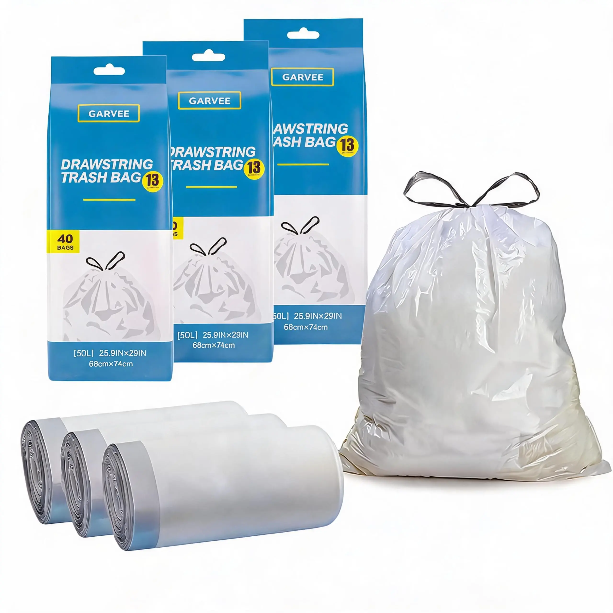 Heavy Duty 50L (13 Gal) HDPE Puncture Res. Leakproof Drawstring Trash Bags, 120 Bags (3 Rolls), 66x74cm (26x29) for Kitchen/Office Use