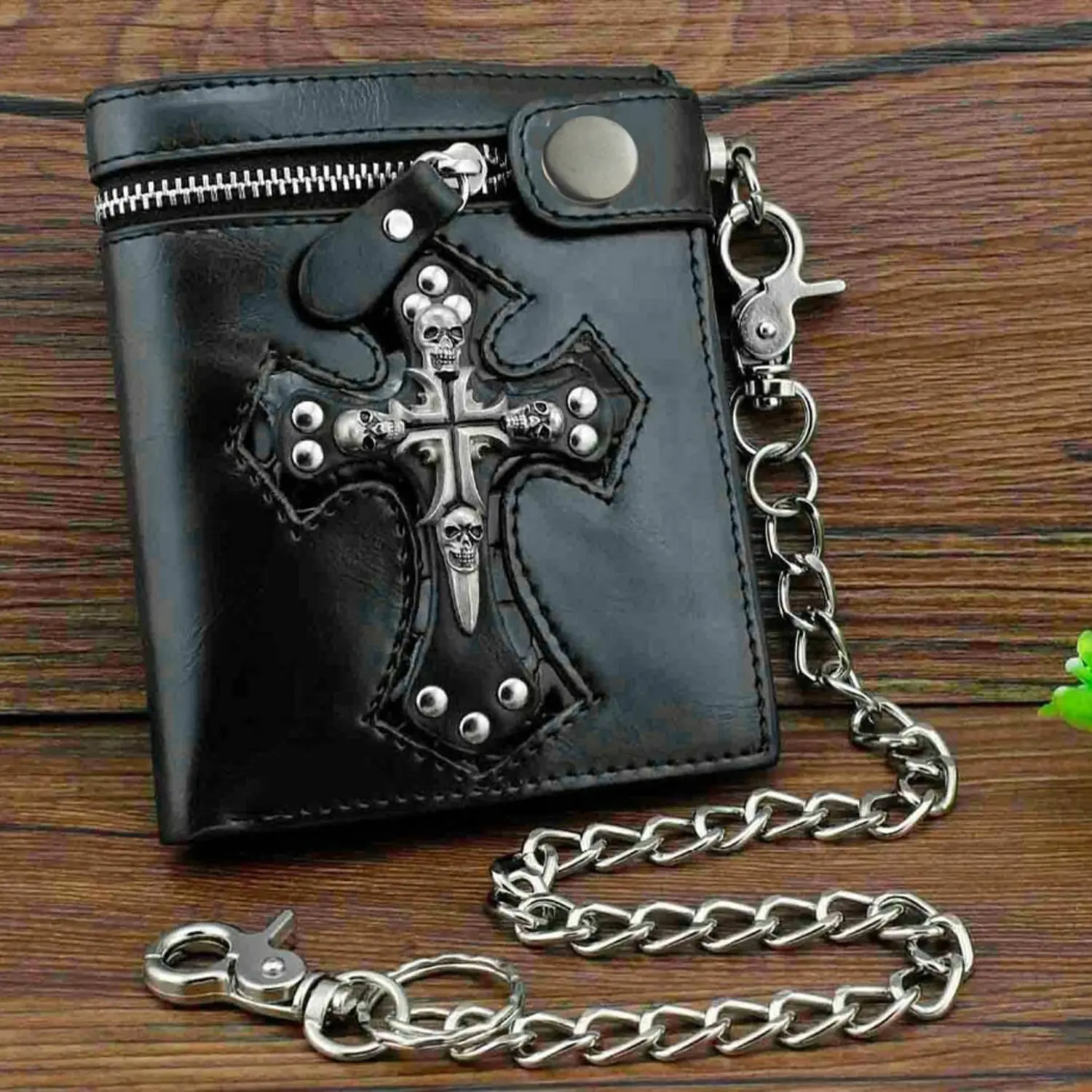 Punk Skulls Cross Money Men's Black Leather Zipper Wallet With A Chain Cool