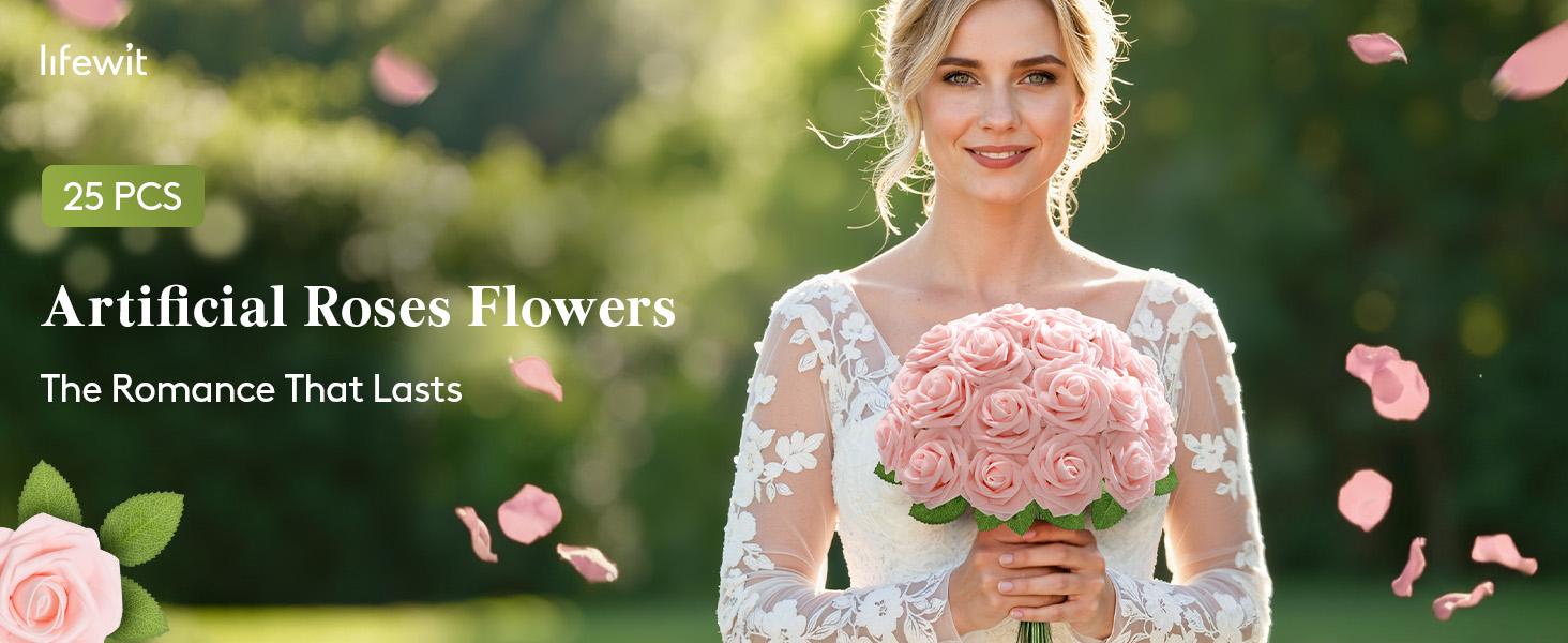 Artificial Flowers, 25 Pcs Blush Foam Real Looking Roses with Stems, Fake Roses for DIY Wedding Bouquets, Centerpieces Arrangements, Valentine Decorations