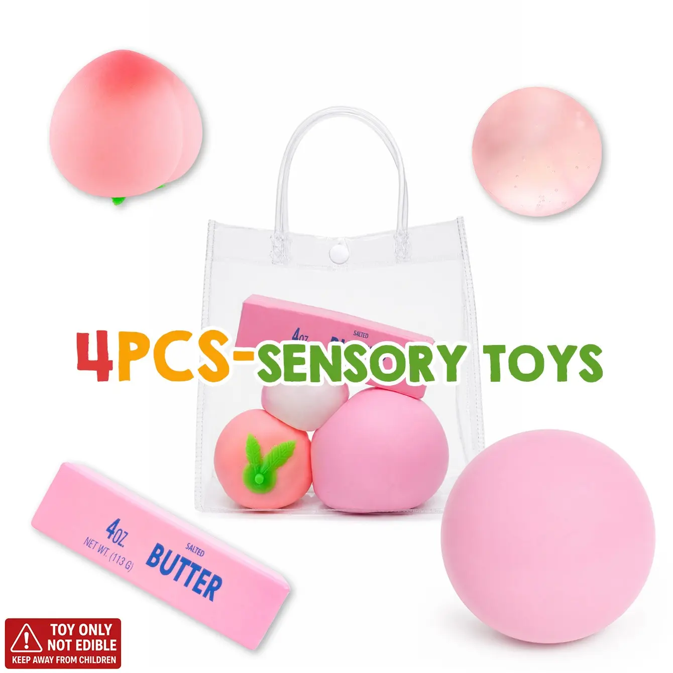 4PCS Pink Sensory Toys Set Super Soft Kawaii Squishy Peach Butter Ball Stress Relief, Sensory Stress Reliever Fidget Toys for Adults and Kids Anxiety Relief Squeeze Toys Pack Gift for Office Home Desk