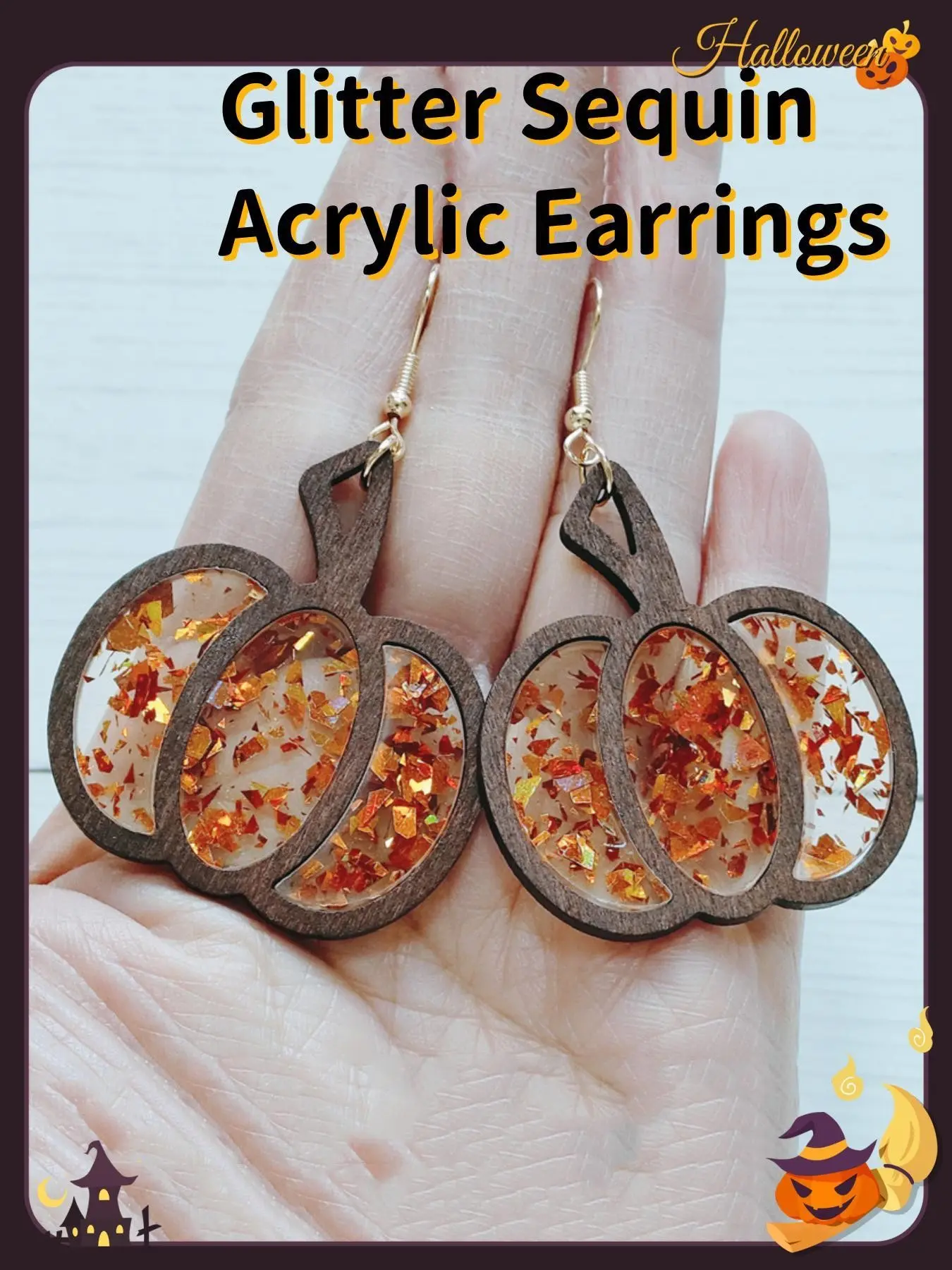 Autumn Halloween earrings featuring a pumpkin wood texture with acrylic glitter and powder. Acrylic orange ear pendants, simple Thanksgiving earrings, with a blend of retro and minimalist styles. Halloween ghost pumpkin pendant earrings.