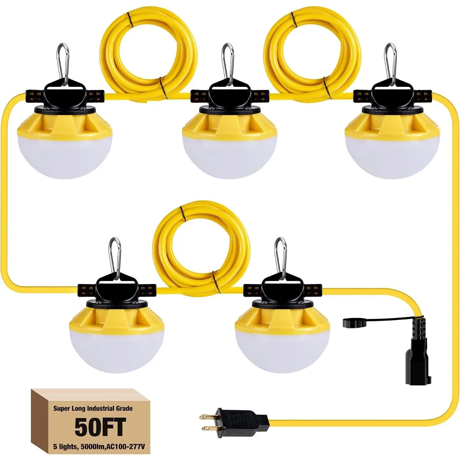 LED Construction String Light 50FT, 50W 6000Lm, 18AWG Wire, 5000K Linkable Work Lights with 5 Bulbs & Hooks, Industrial Temporary Lighting for Job Site, Crawl Space, Attic