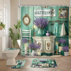 1/4PCS Vintage Lavender Shower Curtain Set – Modern Bathroom Plant Decor, Full Set with 12 Hooks, Non-Slip Bath Mat, U-Shaped Mat & Toilet Seat Mat, Complete Bathroom Accessories
