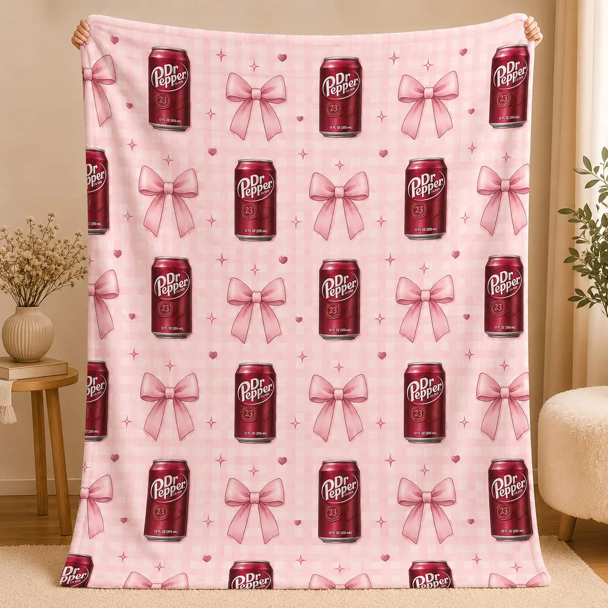 Dr Pepper Bow Flannel Blanket, Soft Lightweight Cozy Throw, Gingham Soda Can and Heart Print, Ideal for Sofa, Bedroom, Naps, Gifts