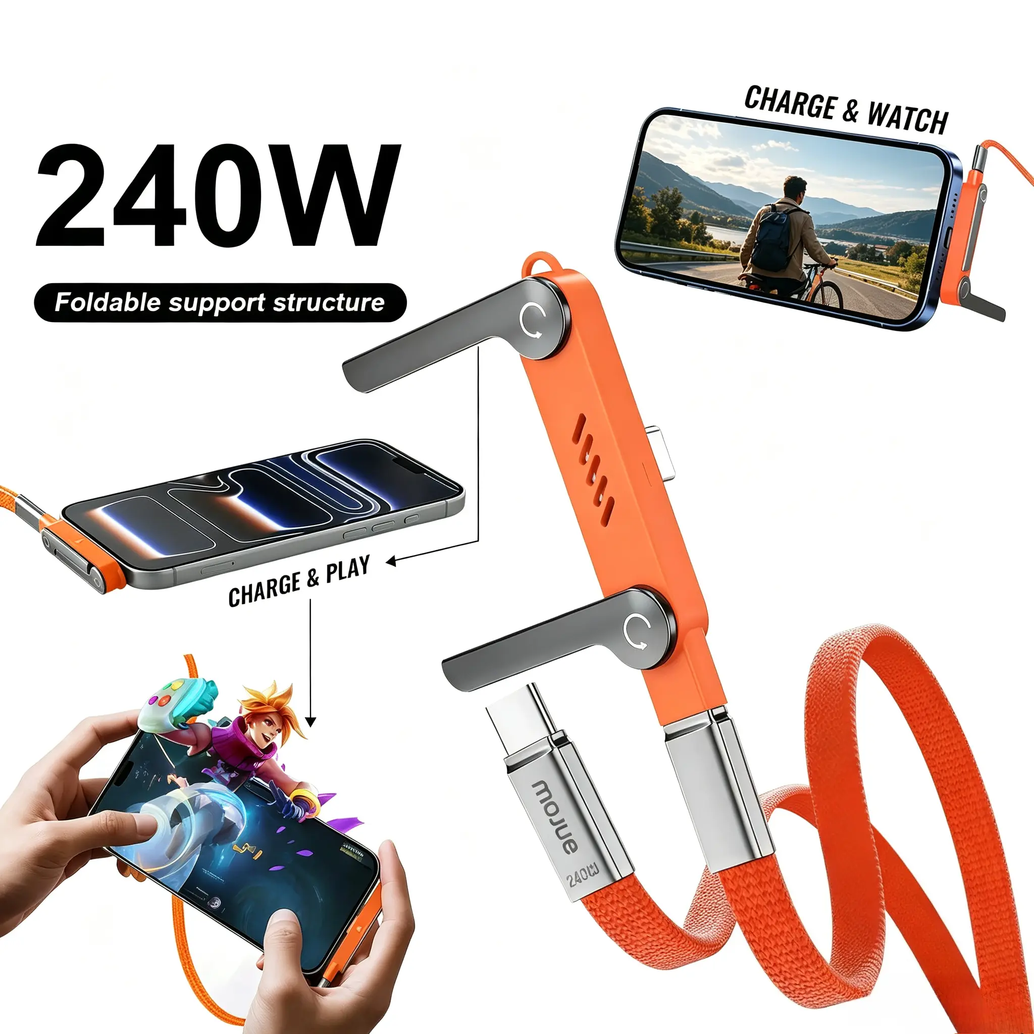 2-in-1 Type-C Charging Cable with Foldable 360° Rotatable Stand, Zinc Alloy & Silicone Cord, 240W Power for Mobile Games