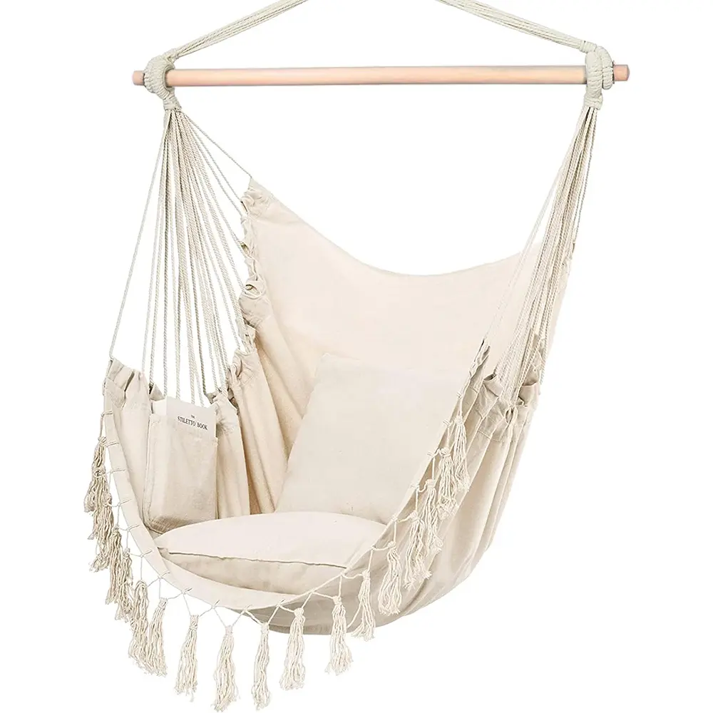 Macrame Hanging Chair for Children & Adults, Polyester Blend Swing for Indoor Garden Use with 2 Pillows, Side Pocket, and Anti-Slip Grooves, 500 lbs Capacity