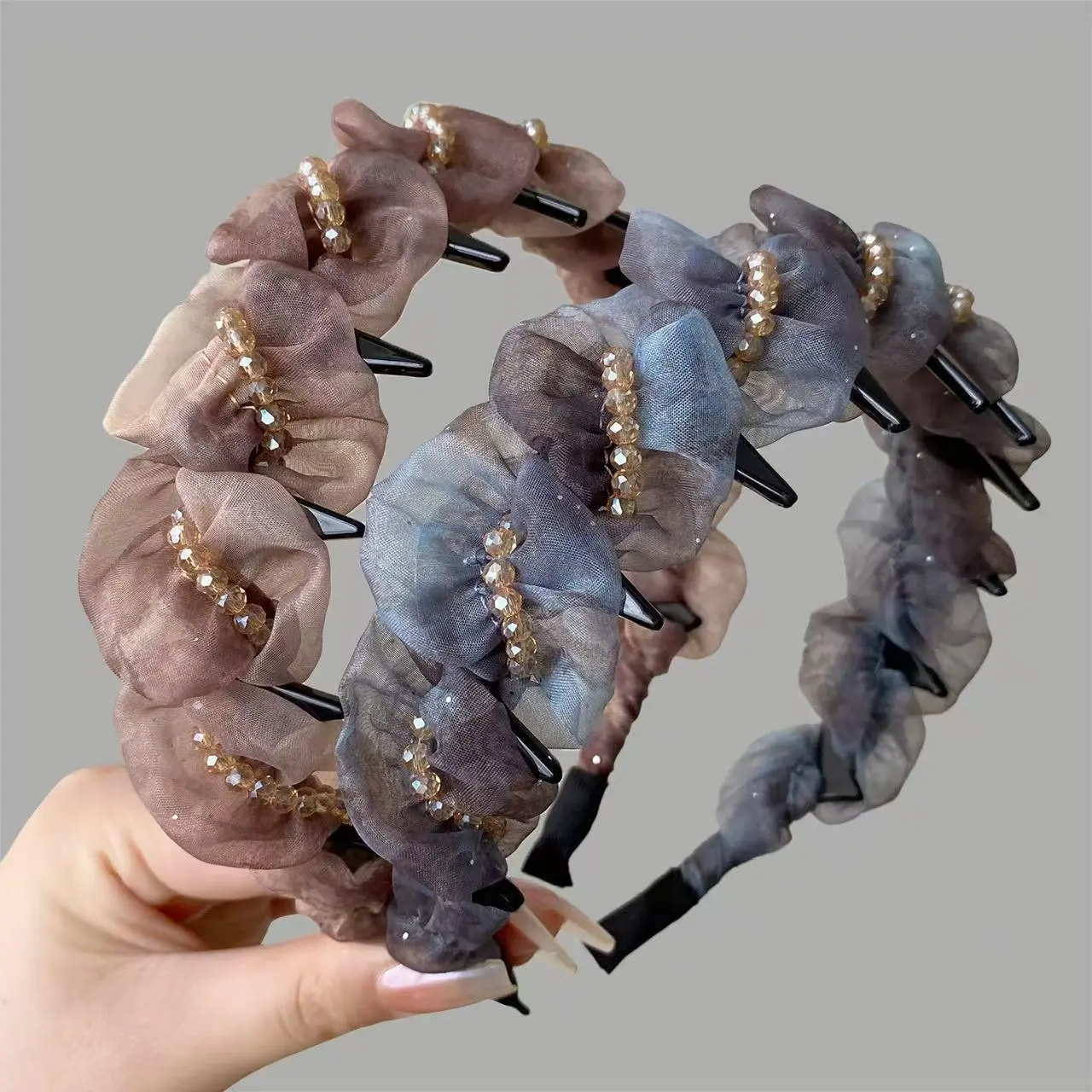 Gradient Tulle Crystal Bead Ruched Anti Slip Teeth Headband Sheer Mesh Hair Hoop Women Fairy Date Party Photography Hair Accessory