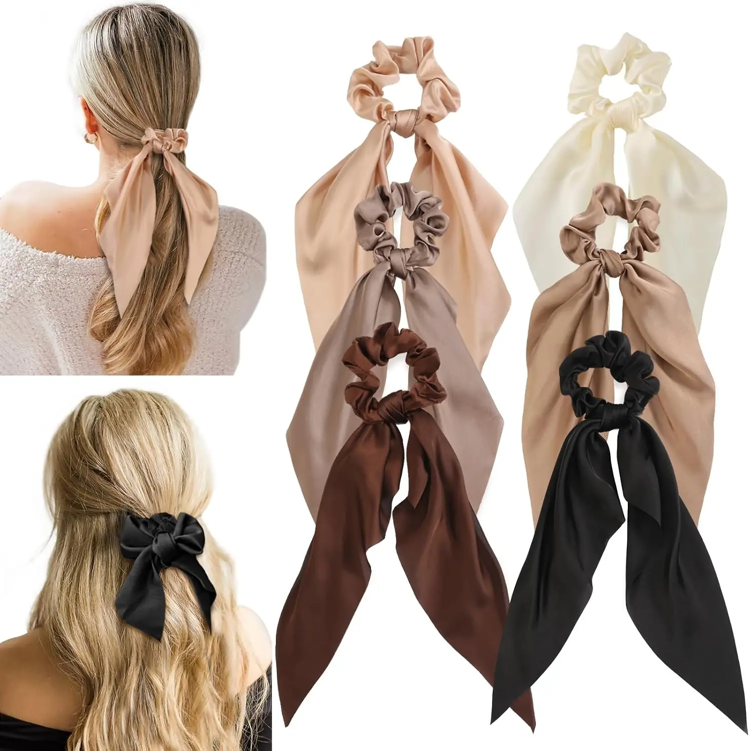 6 count Bow Silk Scrunchies, Hair Ties with Bows, Hair Scarf Scrunchies | Knotted Scrunchie Bow for Women , Satin Hair Ribbon Elastic Hair Tie, Long, Brown