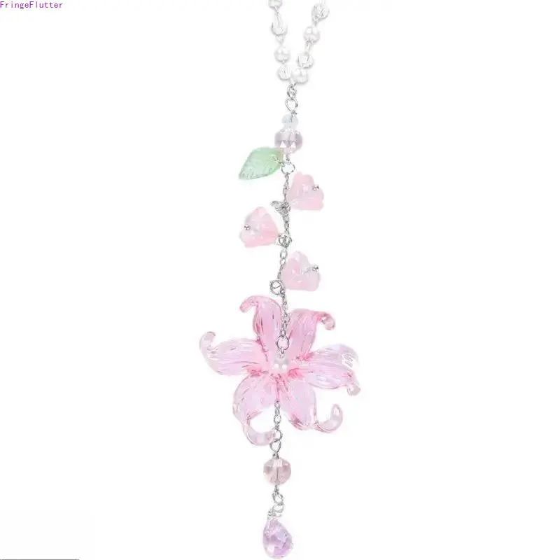 Handmade Lily of the Valley Crystal Suncatcher Car Hanging Charm, Resin Bead Lotus Flower Rearview Mirror Ornament, Boho Aesthetic Light Catcher Car Interior Accessory Lucky Gift for Drivers