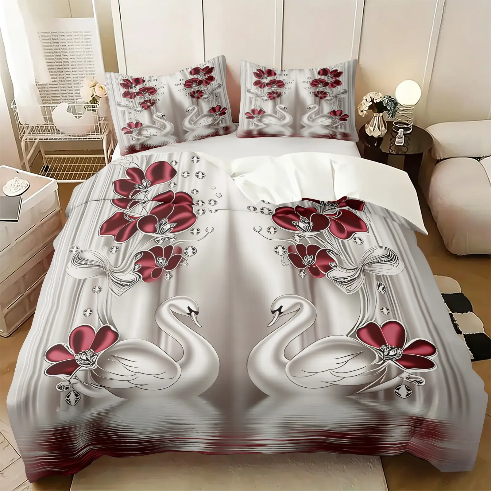 Elegant Luxury White Swan Burgundy Flower Print Duvet Cover Set, Includes 1-2 Pillowcases, Silver Grey Luxury Bedding All Size, Soft Breathable Skin-Friendly Fabric, Luxury Classic European Style Bed Set, Couple Family Bedroom Decor