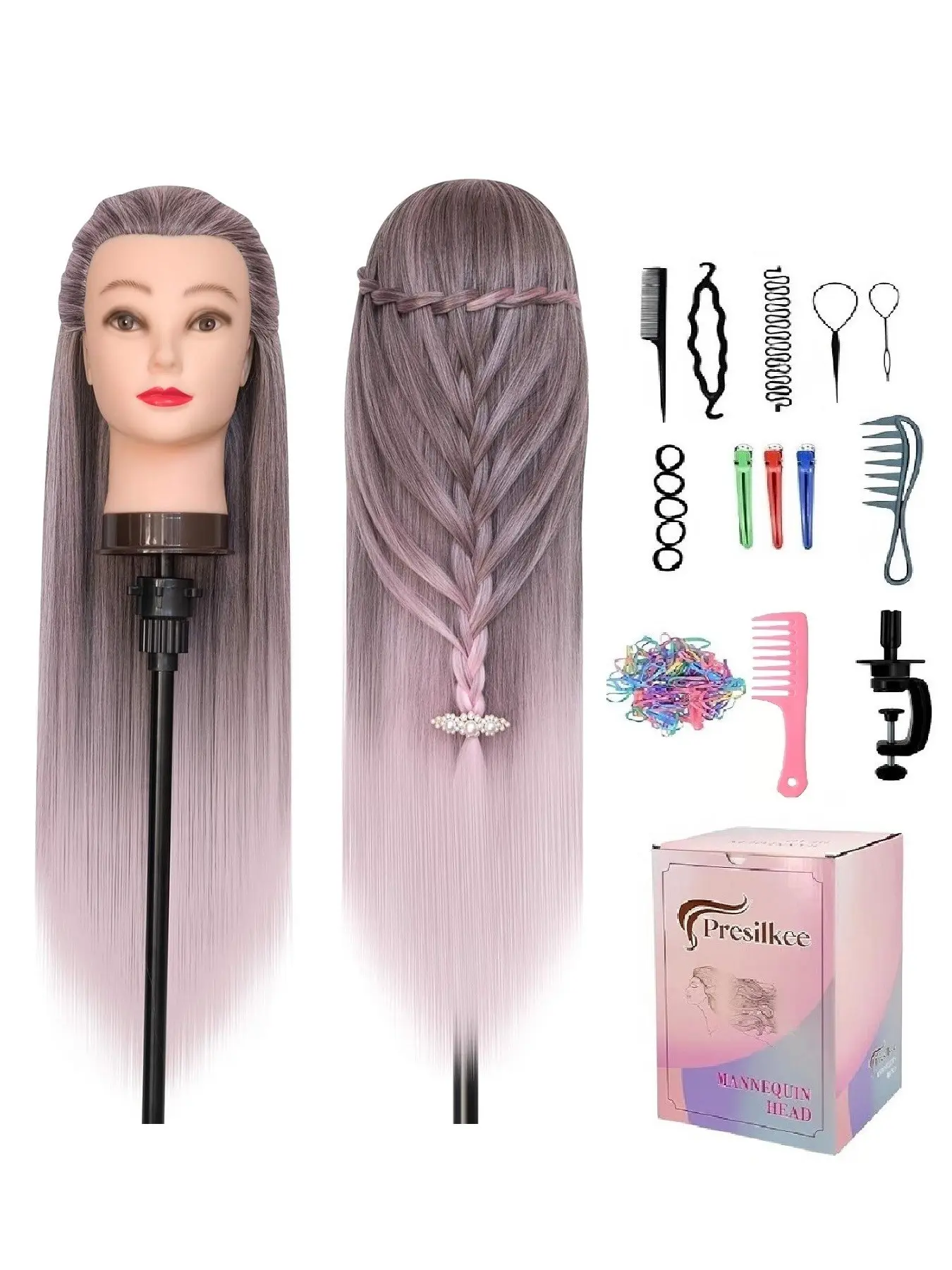 28" Mannequin Head With Hair Training Head Practice Braiding Hair Doll Head For Hair Styling Hairdressing Head For Braiding With Free Wig Head Stand Hair Styling Tools Set