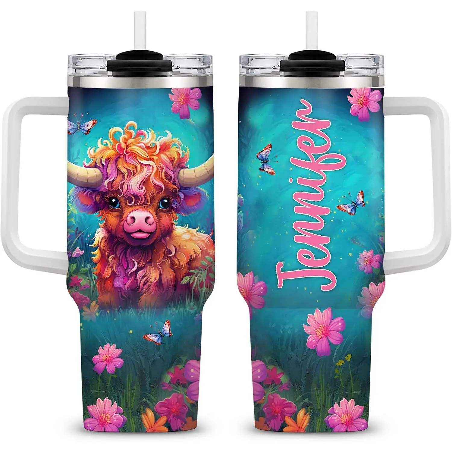 Hyturtle Personalized Gifts For Highland Cow Lover Tumbler 40oz with Handle and Straw - Stainless Steel Travel Coffee Cup With Lid - Cute Farm Animal Lover Gifts For Women, Girl On Birthday Christmas