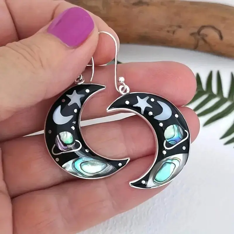 Moon Planet Retro Drop Earrings Metallic Gloss Elegant Fashion Jewelry Women