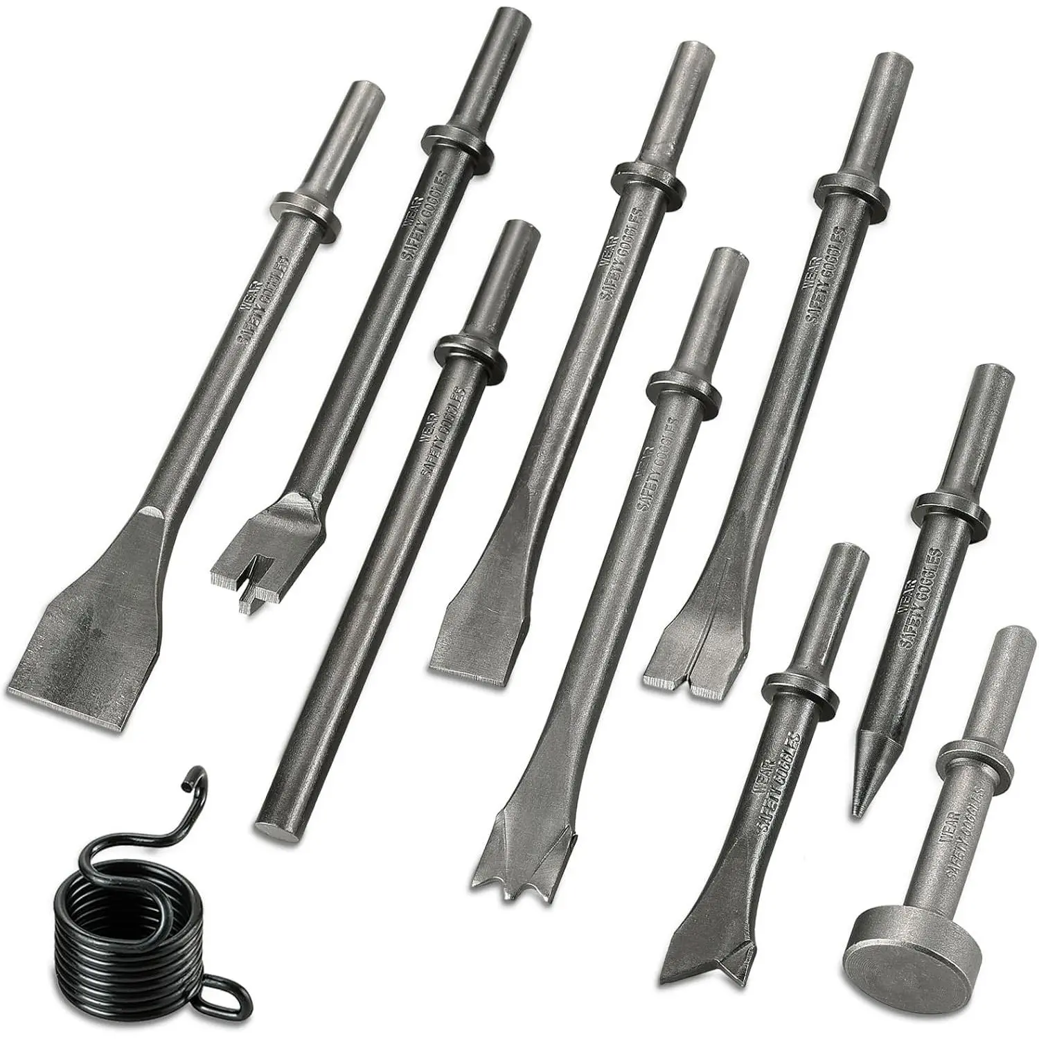 10pcs Pneumatic Air Hammer Chisels Set, Heavy Duty High Carbon Steel Pneumatic Air Hammer Chisels with 0.401" Shank, Pneumatic Chisel Tool Rivet Removal & Automotive Repairs, Includes Spring