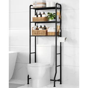 Over Toilet Storage Rack - Metal Over Toilet Bathroom Organizer Shelf, Over the Toilet Storage Cabinet with Paper Holder and Hooks, Bathroom Cabinet for Laundry, Black, 3 Tiers (63.2" H)