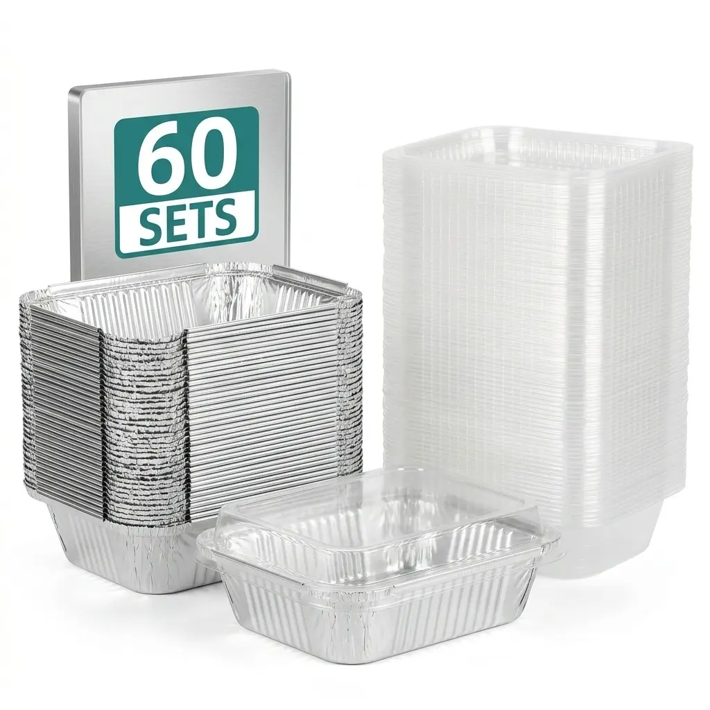 60-Pack Aluminum Foil Food Containers with Lids, Disposable Takeout Baking Trays, Ideal for Oven, Air Fryer, Cake, Bread, Cooking, Food Storage