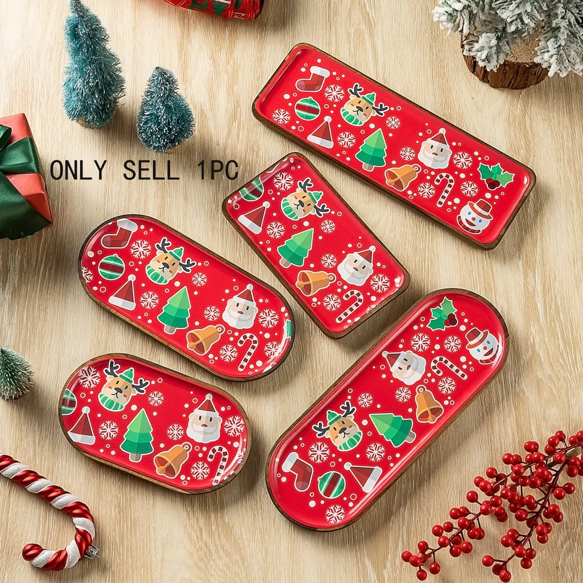 Cartoon Christmas Print Acacia Wood Tray, Santa Claus Snowman Pattern Oval Square Serving Dish, Christmas Party Snack Fruit Coffee Table Decor