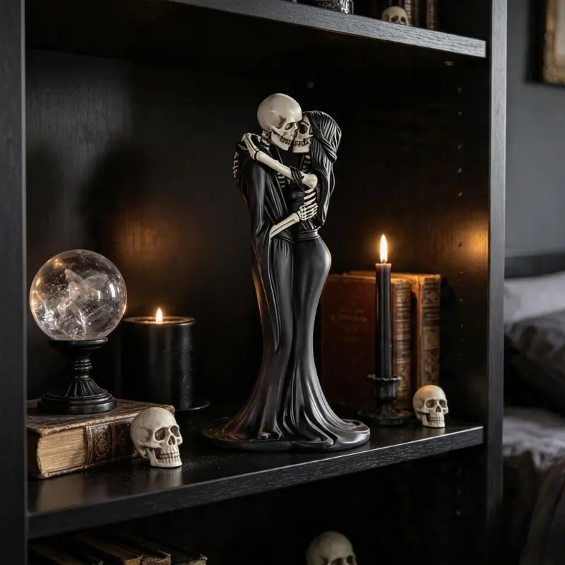 Gothic Hugging Skeleton Couple Resin Statue, Till Death Do Us Part Eternal Love Skull Lovers Embrace Figurine, Black Gown Skeleton Sculpture, Decorative Sculptures, Tabletop Home Decor for Halloween Anniversary Gift for Goth Lovers