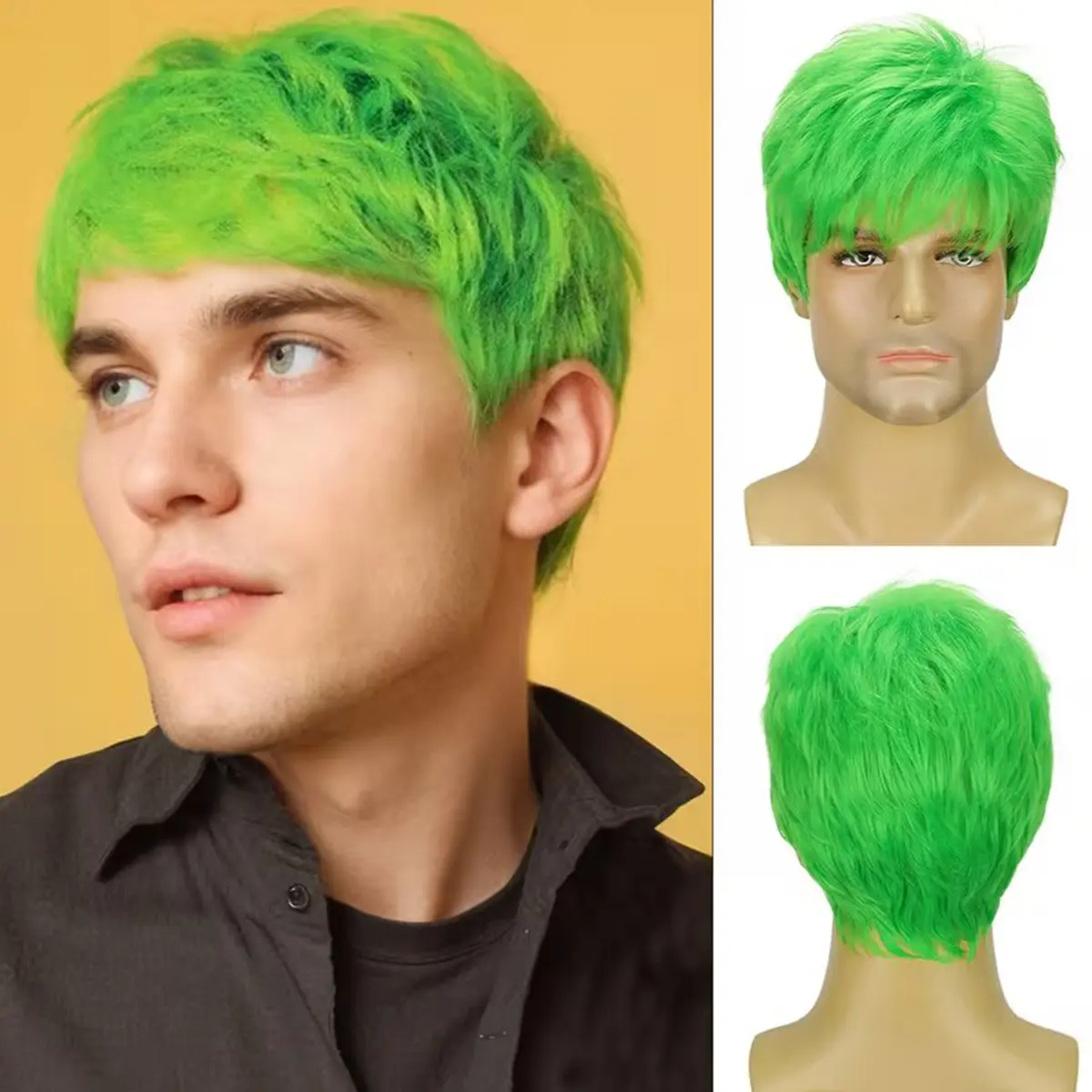 Men Vibrant Green Short Straight Layered Synthetic Full Wig