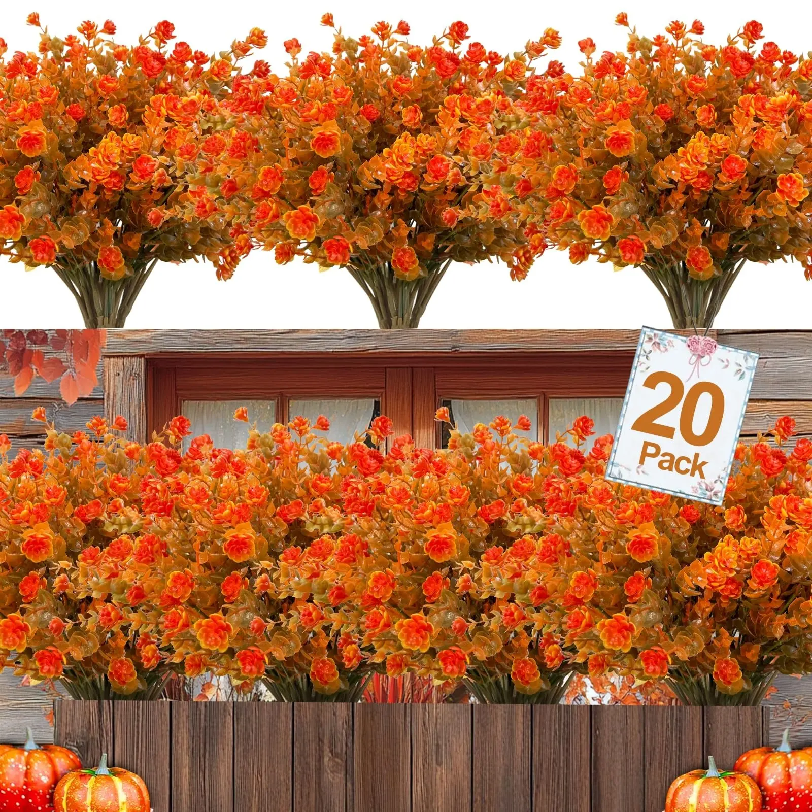 20 Bundles Artificial Fall Flowers, UV Resistant Fake Mums, Decorative Fake Flowers, Faux Plant Plastic Flowers, Garden Porch Fireplace Decor, Eucalyptus Flower