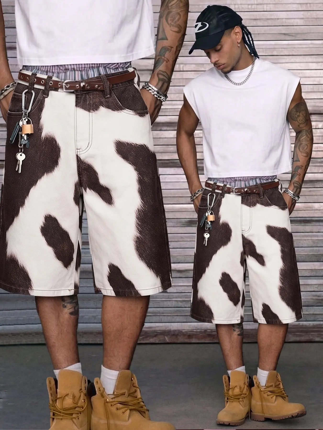 Men's Denim Shorts, Cow Print Embroidered, Loose-Fit, Oversized, Zipper Fly, Street Style, All Seasons, Durable Washed Denim, Summer