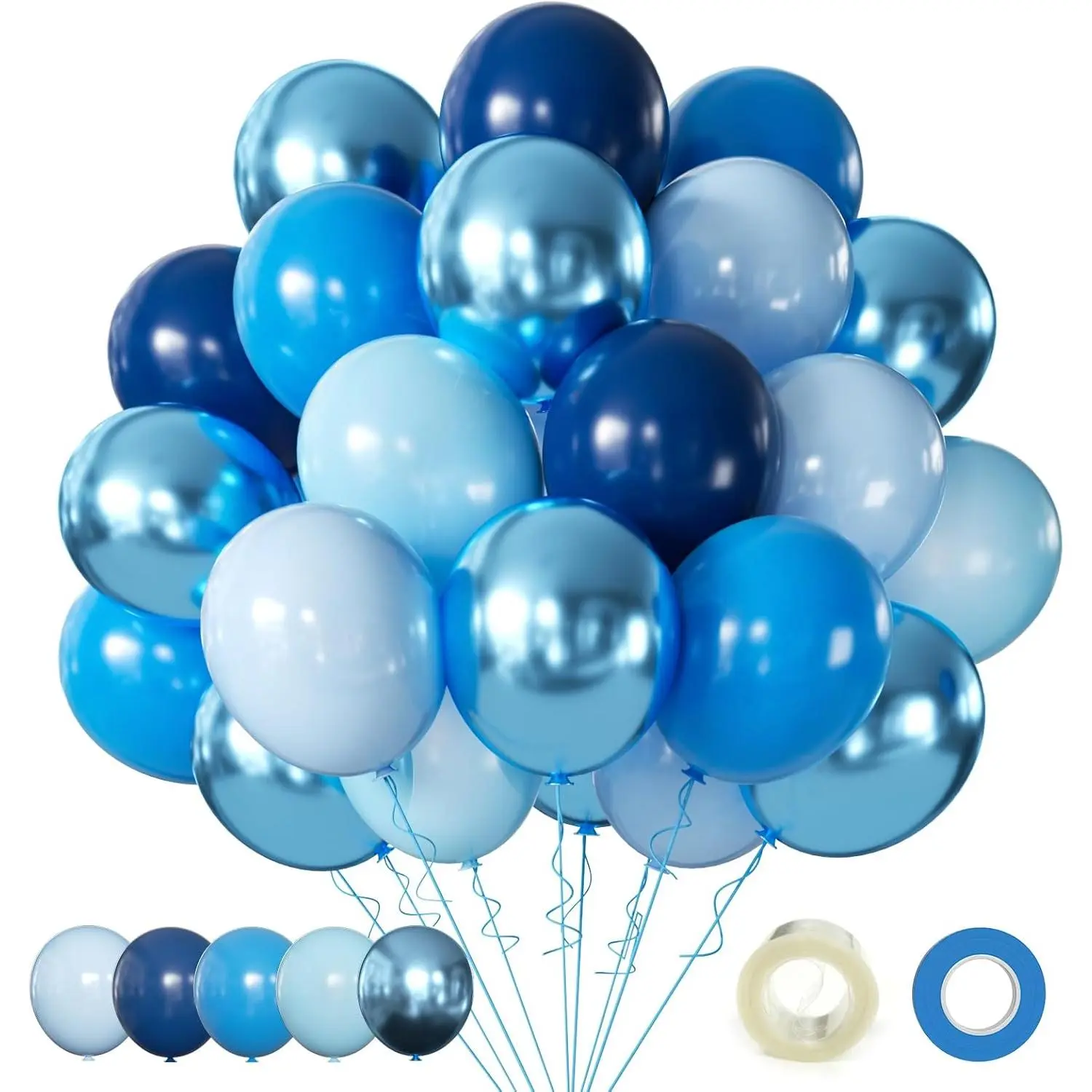 60 Pieces 12 Inch Latex Balloons Kit, Chrome Blue Metallic Navy Blue Macaron Pearl, Birthday Wedding Party Decoration