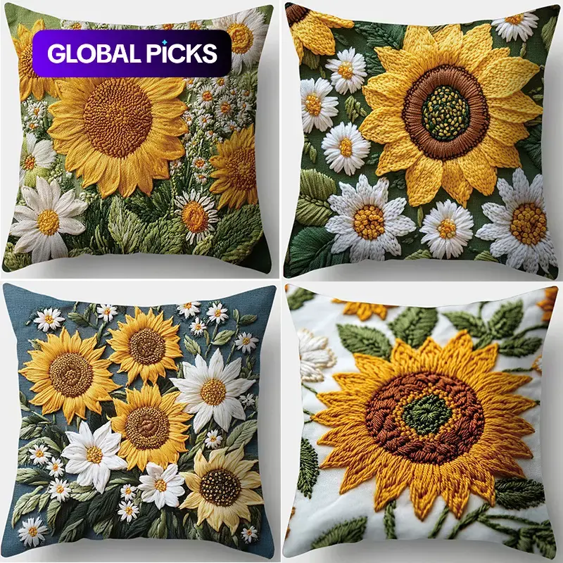 Sunflower & Daisy Pattern Cushion Covers, Set of 4, Decorative Floral Decor Cushion Cases Without Filler for Living Room & Bedroom #GLOBAL PICKS