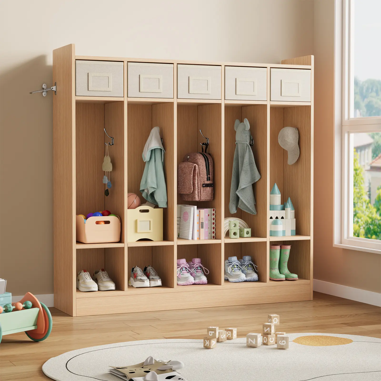 5-Section Classroom Coat Locker, Daycare Storage Cabinet with Hooks & Cubbies, Closet Organizer for Entryway, Kids Room, Classroom – Freestanding Wood Cubby Bench