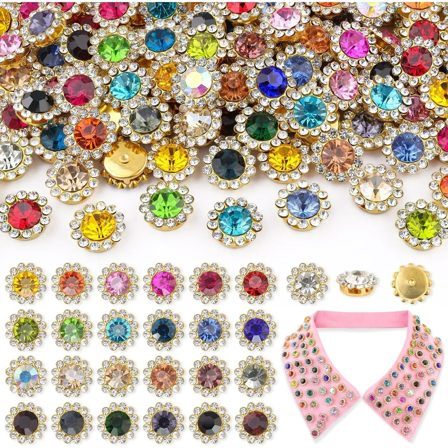 100 PCS 12 MM Sew-On Rhinestones for Bedazzling, Mixed Colors Crystal Glass Flatback Design Rhinestones for Crafting, Big Gems with Metal Base, DIY Large Rhinestones for Clothes, Shoes, Bags
