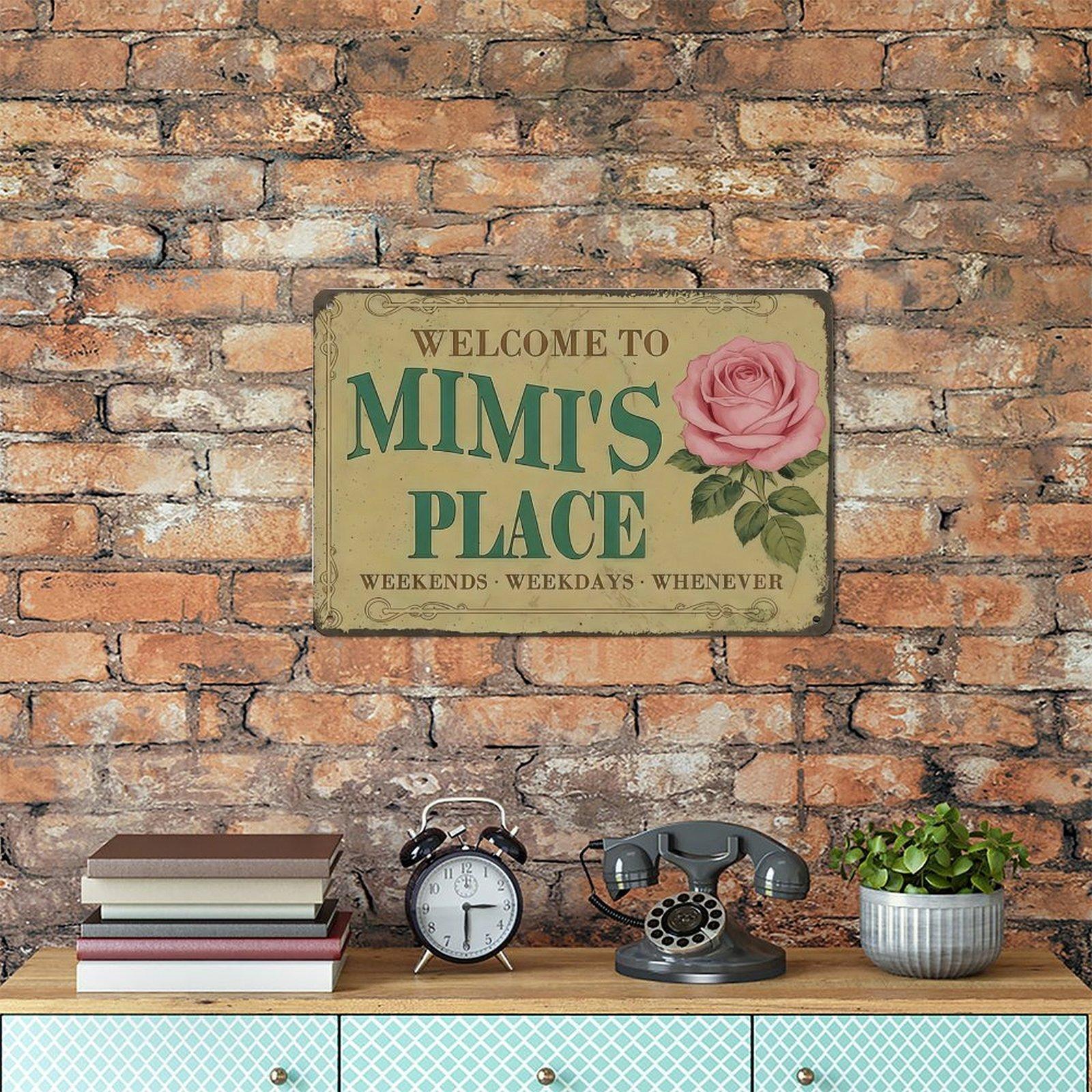 2D Flat, Metal Wall Art Sign Hanging Plaque - Mimi'S Place Rose Welcome Funny Wall Decor Retro Metal Sign Poster for Garage Man Cave Bathroom Bedroom Farm Inspirational Popular Wall Art 8x12 Inch Signs Posters