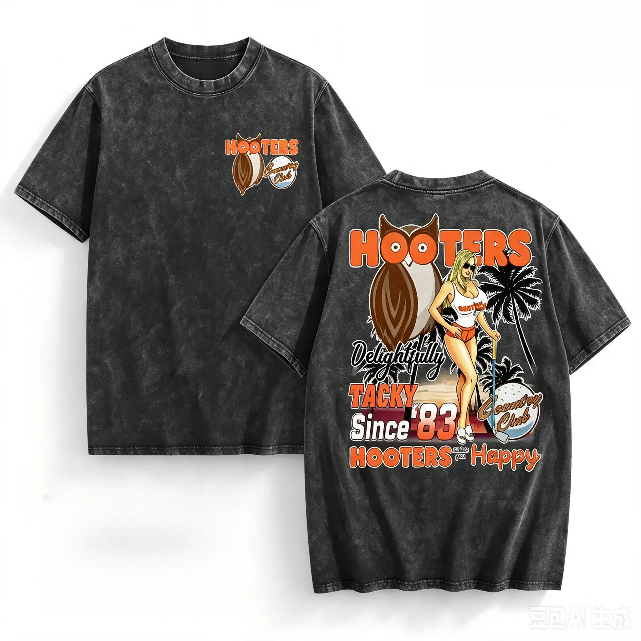Vintage Acid Wash Black T-Shirt Hooters Country Club Golf Girl Graphic Tee Retro Since 83 Oversized Short Sleeve Cotton Top
