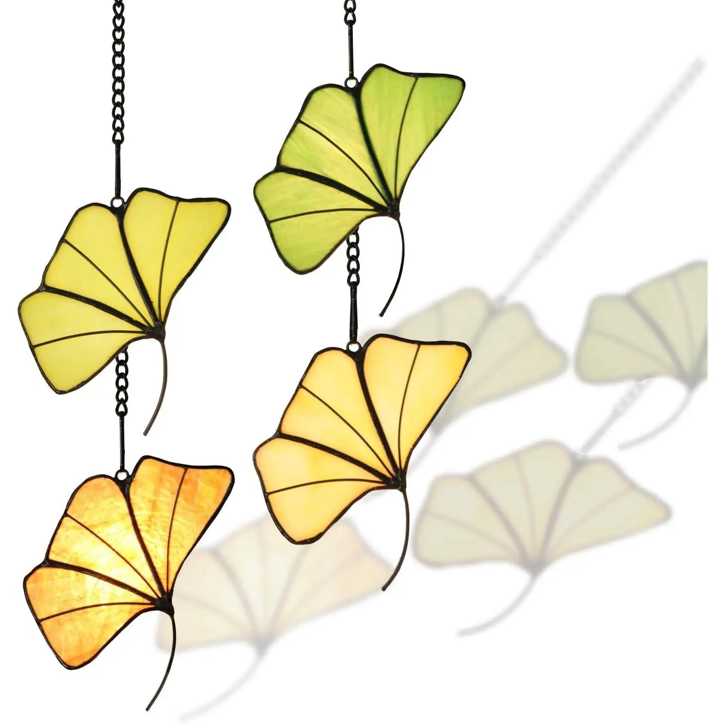Ginkgo Leaf Suncatcher Stained Glass Window Hanging, Tiffany Style Leaves Decorations Gifts, Set of 4