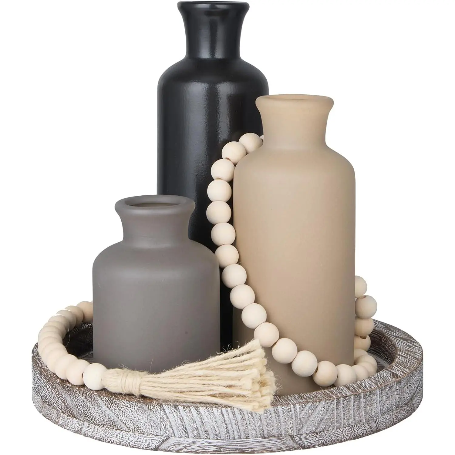 5 count Rustic Country Tabletop Centerpieces Decor Set of 3 Boho Ceramic Vases with Wooden Serving Tray  Bead Garland Tassels Table Holder for  Decorations (Dark Color)