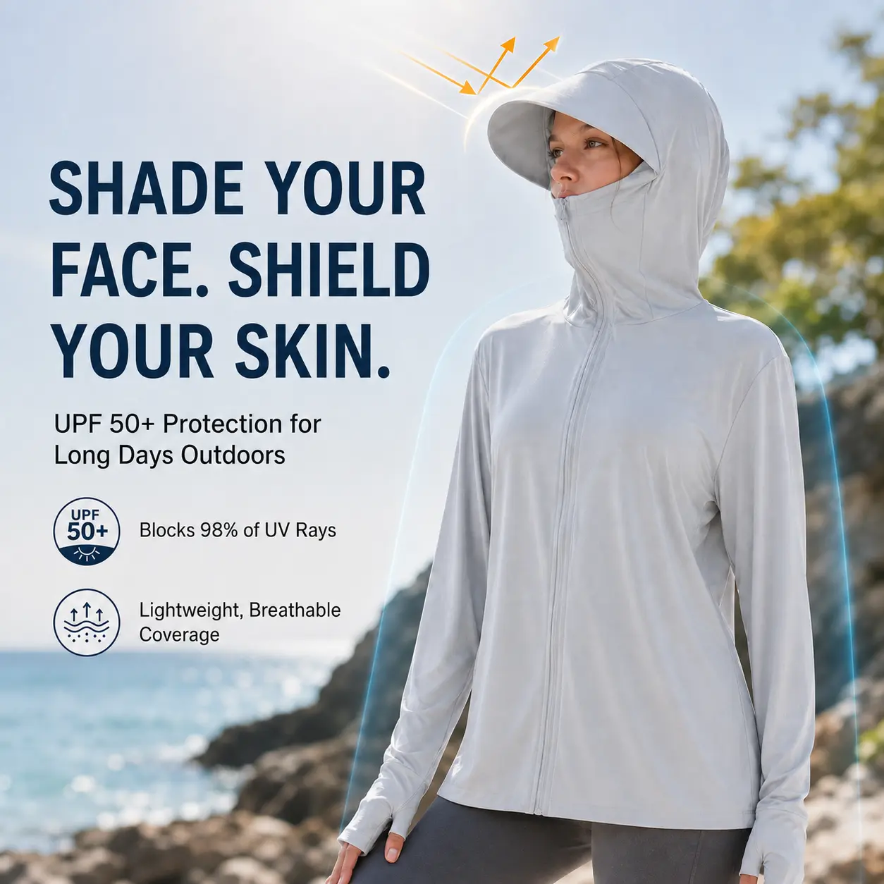 Women's UPF 50+ Loose Cut High Neck Hood Sun Protection Jacket - Lightweight Breathable Polyester Blend, Extended Visor, Thumbhole Cuffs, Zipper Pockets, Unisex Wear for Hiking, Running