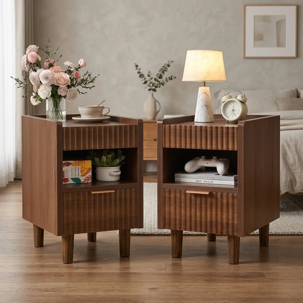 Littleox Walnut Brown Fluted Wood Nightstands with Drawer and Open Storage, 2 Pack Modern Bedroom Bedside Side End Tables for Living Room Home Decor