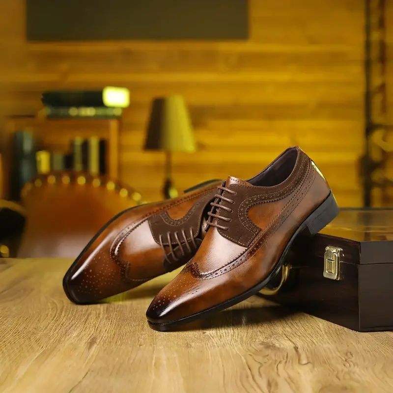 Men's Fashionable Brogue Design Lace Up Wingtip Dress Shoes, Casual Comfortable Business Style Shoes for Daily Wear, Fashion Shoes for Party, Daily Clothing Decor, Boy, PU Leather Footwear #GLOBAL PICKS