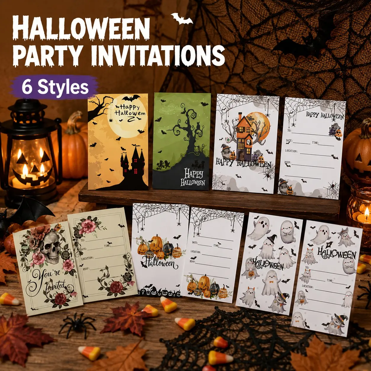 10-Piece Halloween Party Invitation Card Set, 6 Assorted Double-Sided Designs with Writable RSVP Details, Spooky Pumpkin, Ghost, Bat, Haunted House and Skull Invites for Halloween Parties, Birthdays and Special Events