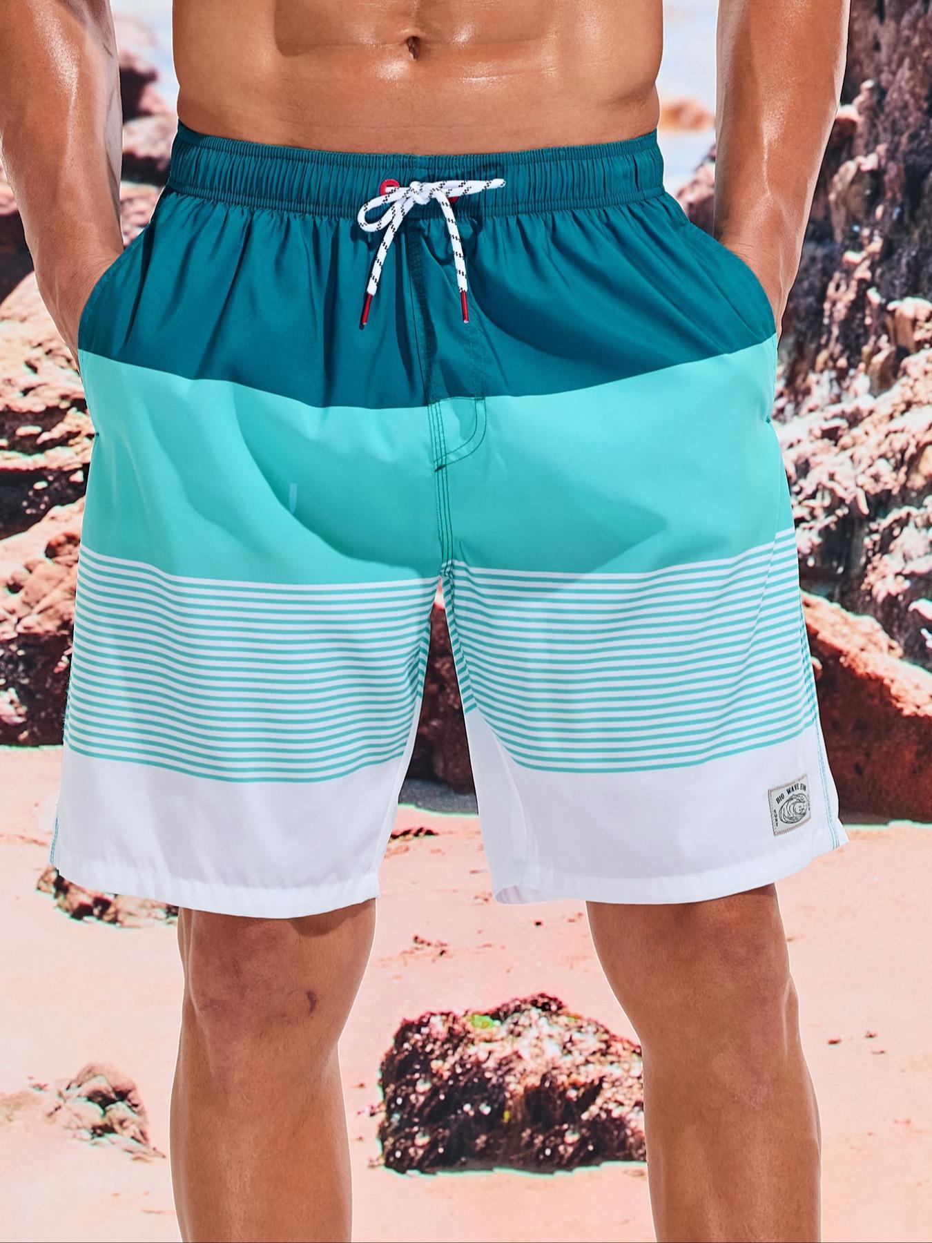 Men's Striped Print Boxer Brief Swim Trunks, Casual Comfy Breathable Swim Shorts for Summer Outdoor, Activewear, Men's Swimwear for Beach Vacation, Clothing, Summer Swim Bottoms, Drawstring Swim Bottom, Swimming Trunks, Swimtrunks