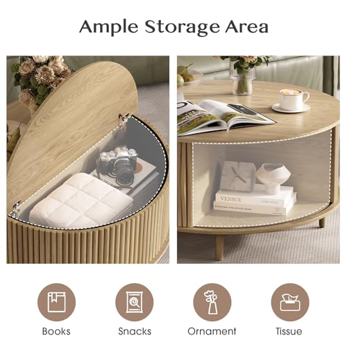 Round Fluted Coffee Table with Hidden Storage, Lift-Top Design & Side Open Shelf, Two-Layer Natural Wood Tabletop with Sliding Cabinet Doors, Sturdy Solid Wood Legs & Soft-Close Hinges, Ideal for Living Rooms & Small Spaces
