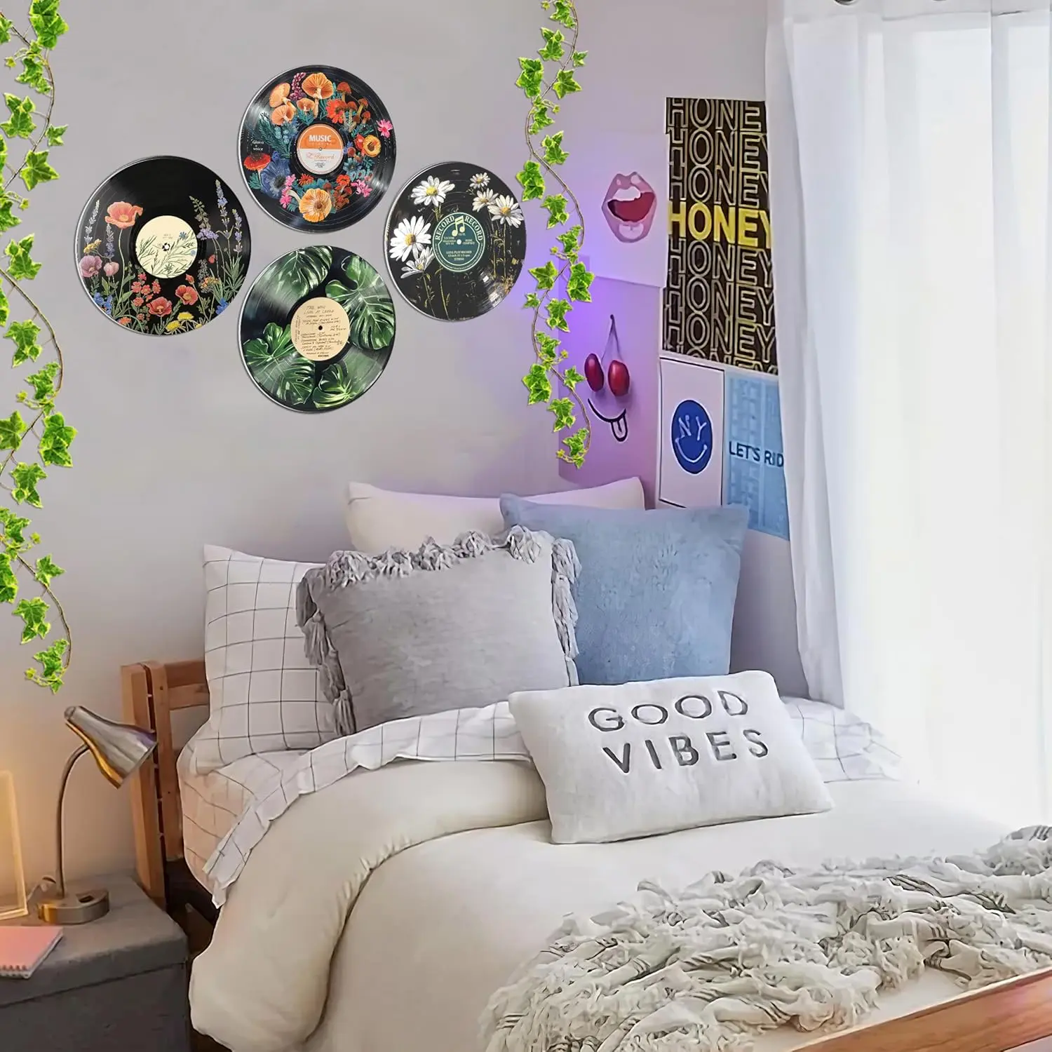 K Studio Hippie Style Decor, Room Aesthetic Poster Set, Plant Wall Art, Record Decoration, 4 Pieces 30cm X 30cm, Home Decor