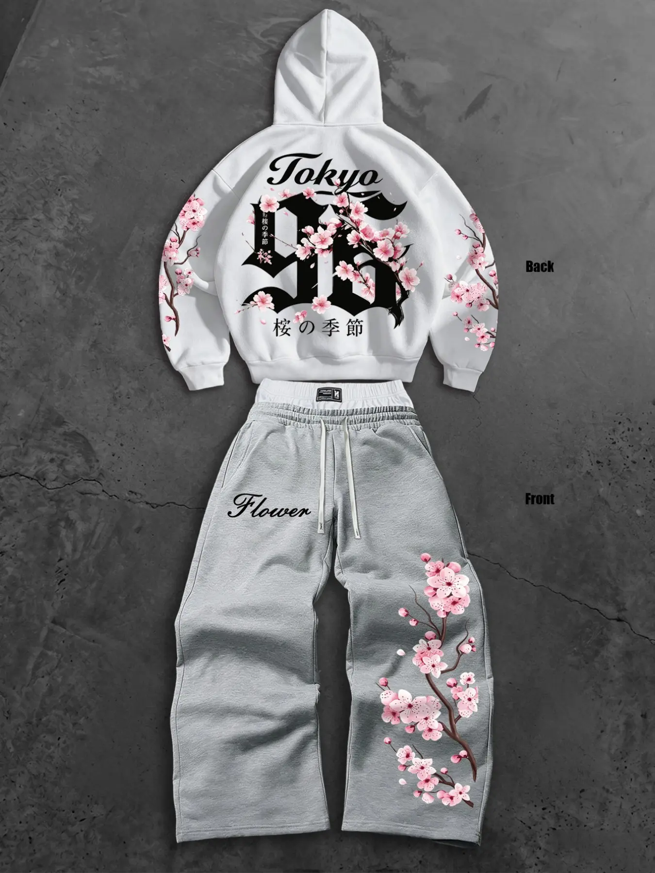 2-Piece Set Anime Style Cherry Blossom Print Hoodie & Wide-Leg Pants, Casual Loose-Fit for Fall/winter, Unisex Streetwear