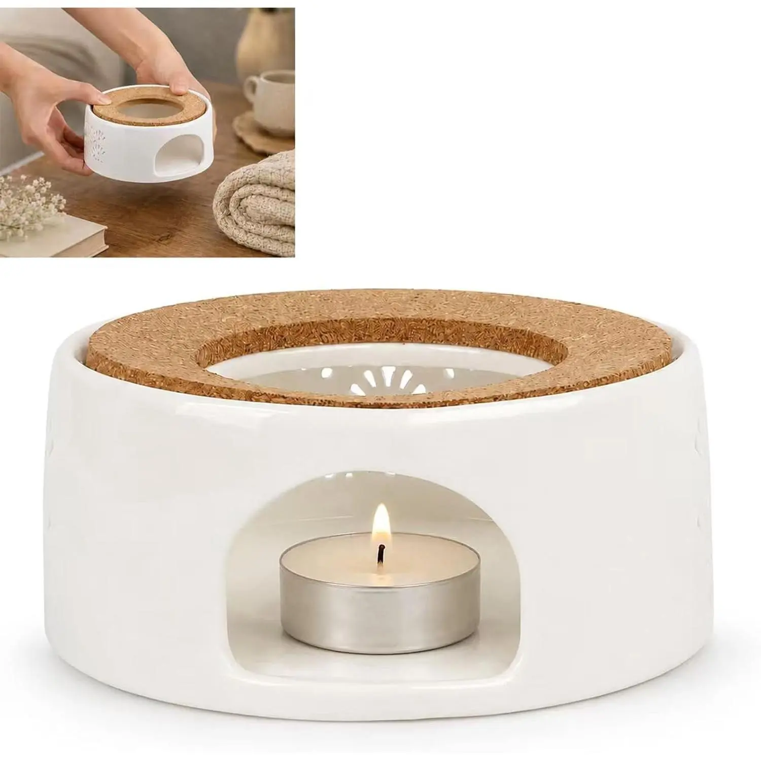 Ceramic Teapot Warmer with Cork Cushion, Tealight Heater for Tea & Milk Non-Electric Warming Base Keeps Tea Coffee Milk Cocoa Warm Fits Glass Stainless Steel Teapots for Tabletop Serving
