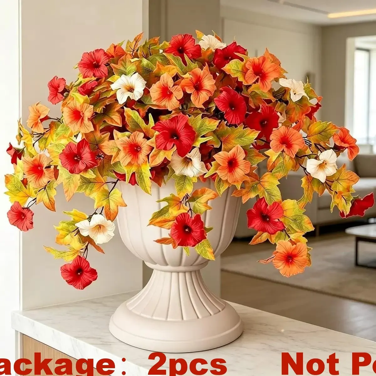 Artificial Fake Fall Flowers with Hanging Basket Plants for Outdoor Decoration, Faux Decorative Flowers, Silk Faux Flower UV Resistant Petunias for Home Porch Patio Garden Balcony Yard Decor Real Looking(Orange White)