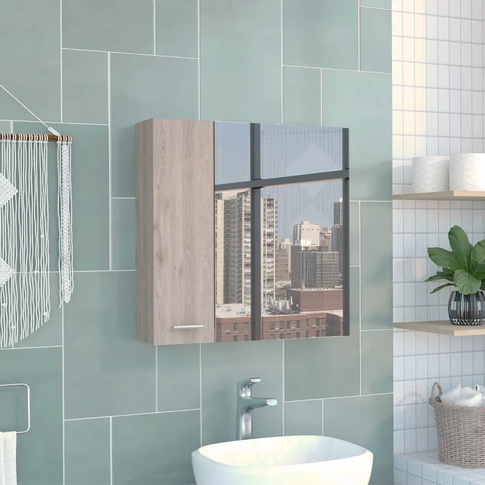 Nokaa Wall Mounted Medicine Cabinet with Mirror, Double Door Bathroom Storage, 4 Shelves, Light Gray Particle Board, 23.6"W x 23.6"H x 5.8"D, Gray Color