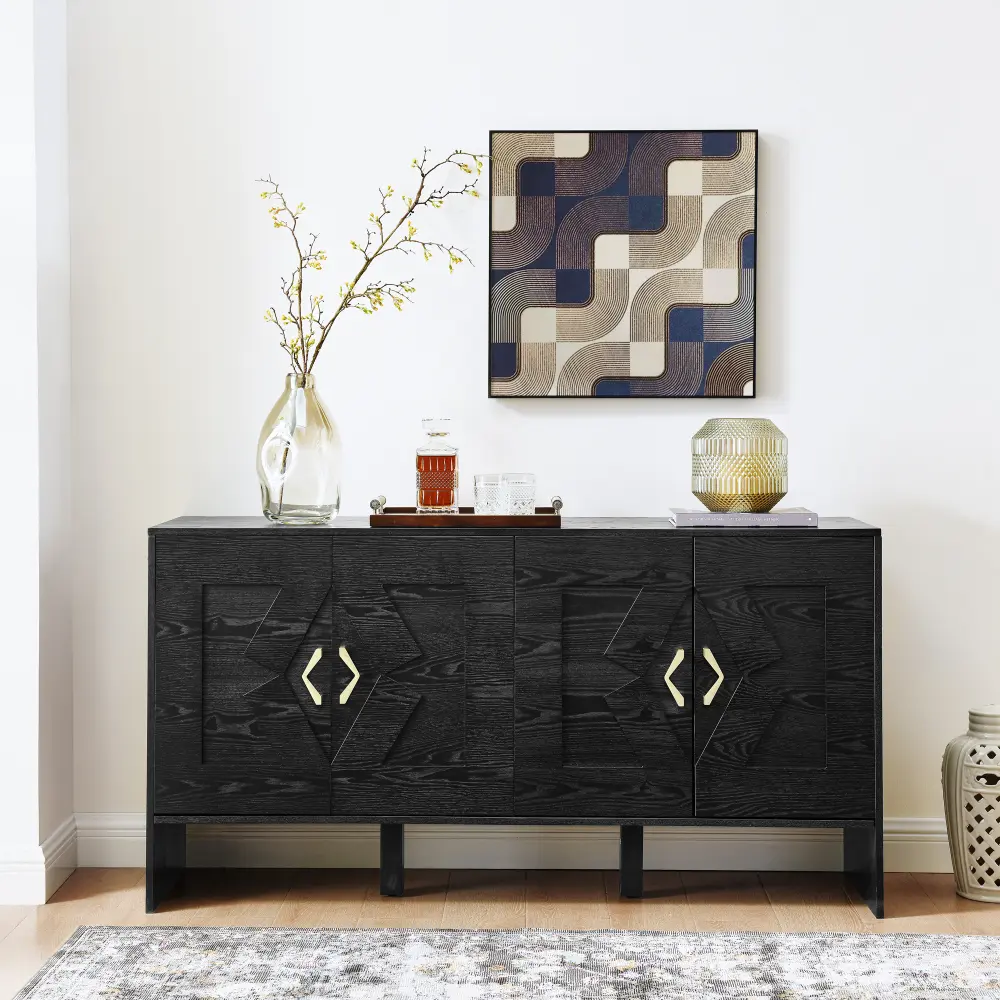 60" Mid Century Modern Sideboard Buffet Cabinet with Storage, TV Stand Media Console Cabinet, Geometric Pattern Accent Storage Cabinet with Adjustable Shelves, Freestanding Credenza for Kitchen Dining Room Living Room Entryway Hallway, Black
