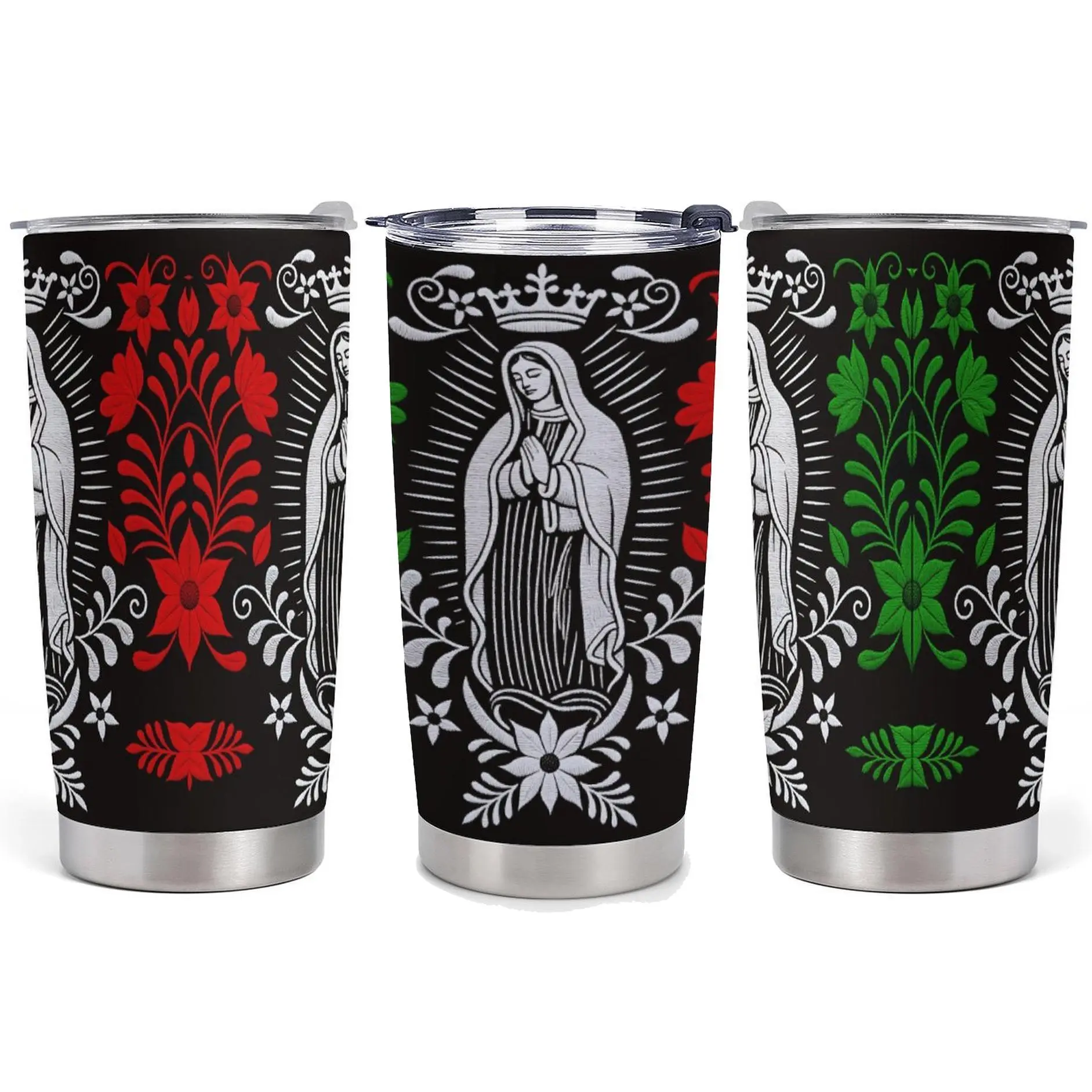 Mexican Virgen de Guadalupe Tumbler 20oz Stainless Steel Insulated Cup with Red Green Floral Design Stylish Drinkware for Devotion & Daily Use Ideal Gift for Any Occasion Coffee