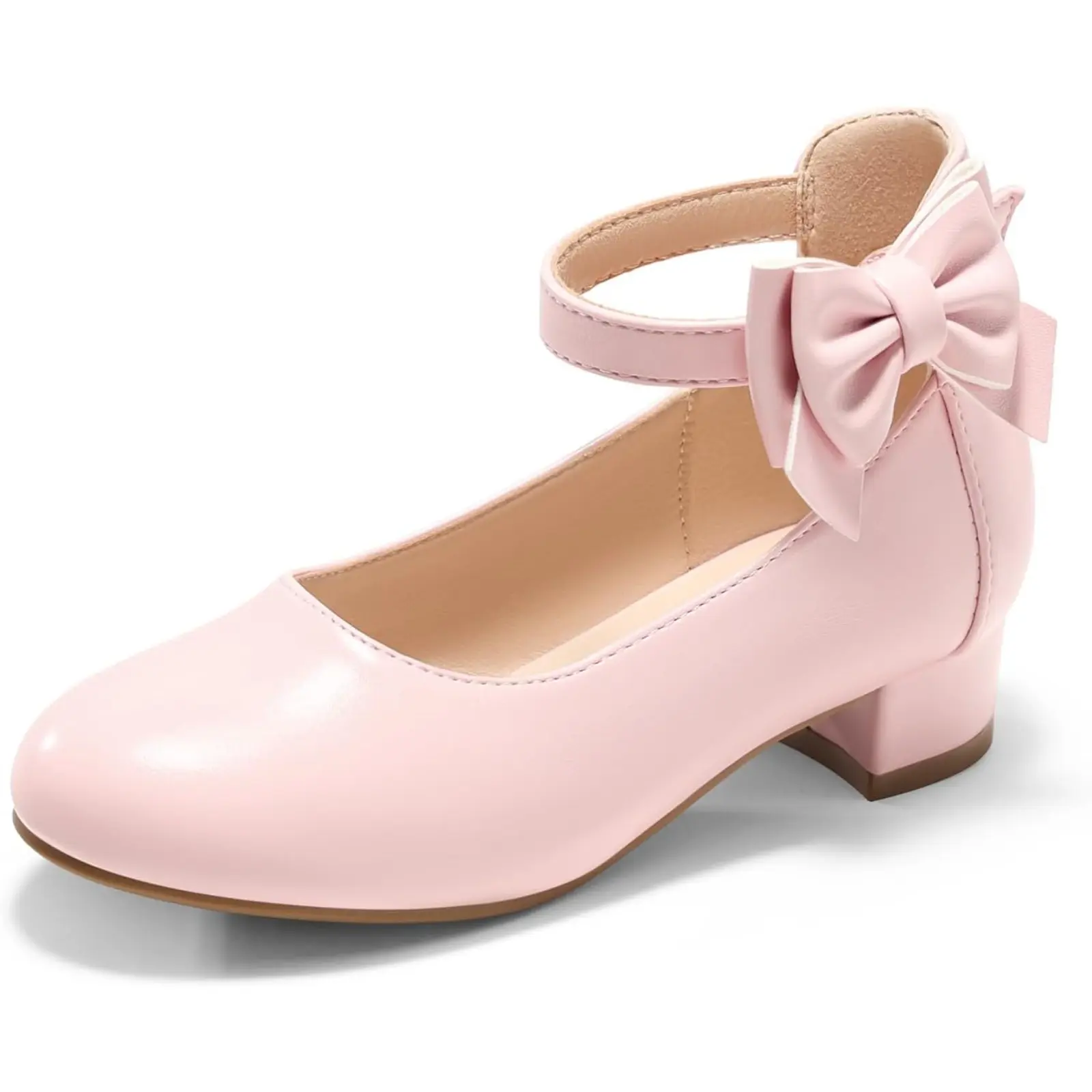 Coutgo Girls' Closed-Toe Chunky Heel Pumps, Flower Girl Shoes with Ankle Strap & Bow, Wedding Party Princess Footwear