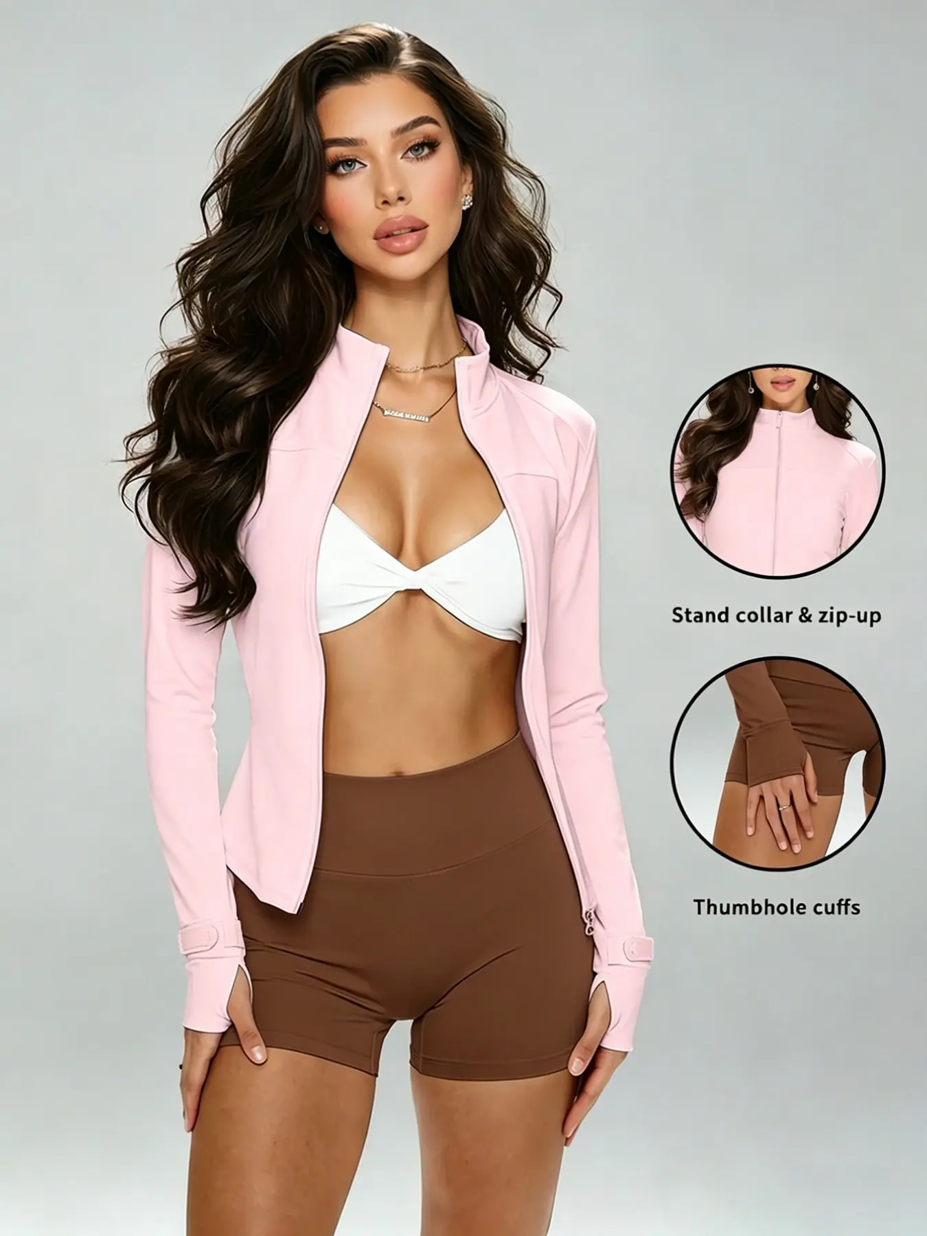 Women's Zipper Sport Jacket, Slim Fit Stand Collar Running Top, Long Sleeve Thumb Hole Lightweight Yoga Workout Coat